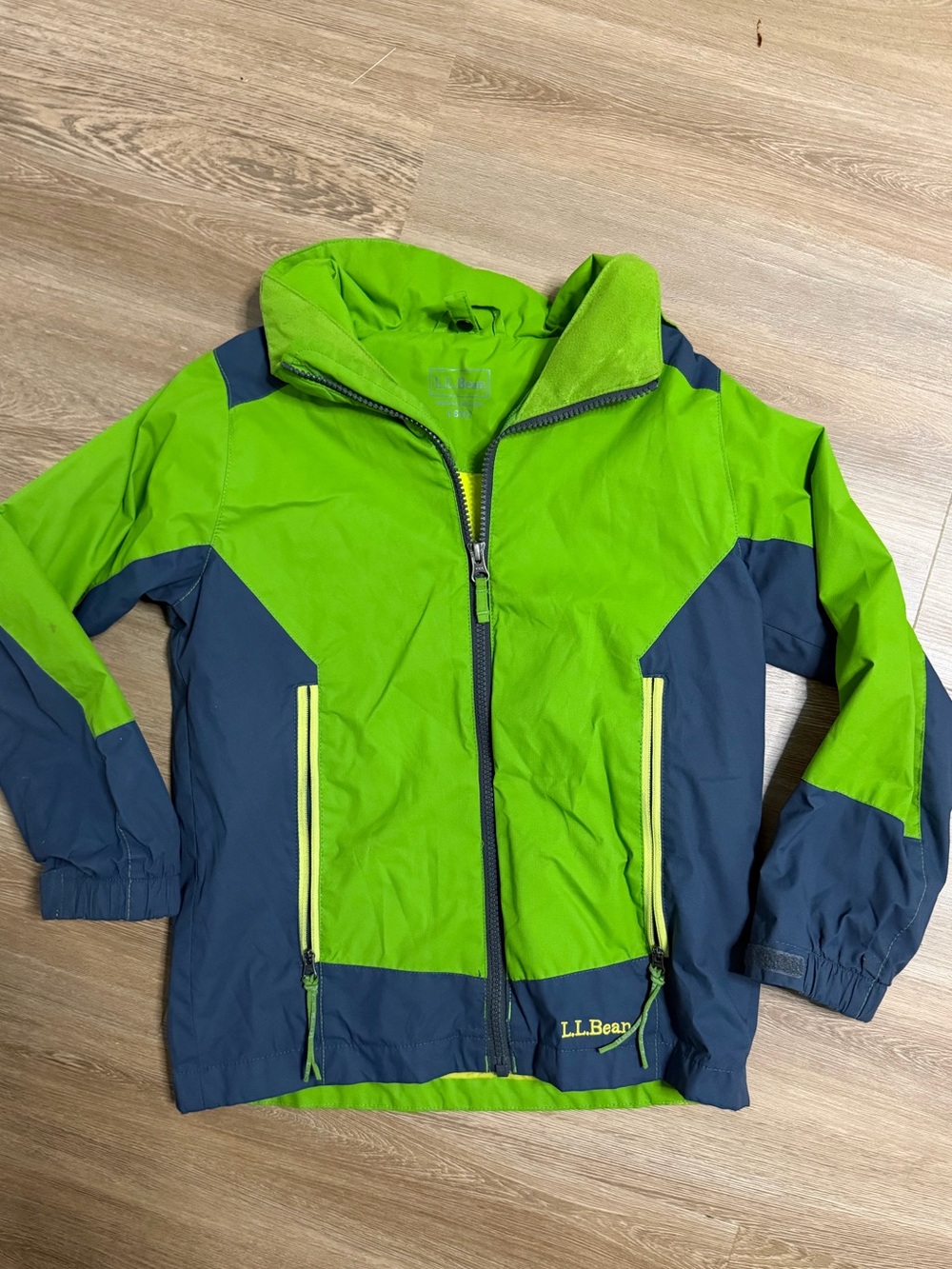 L.L. Bean Kids Lime Green and Navy Rain Jacket